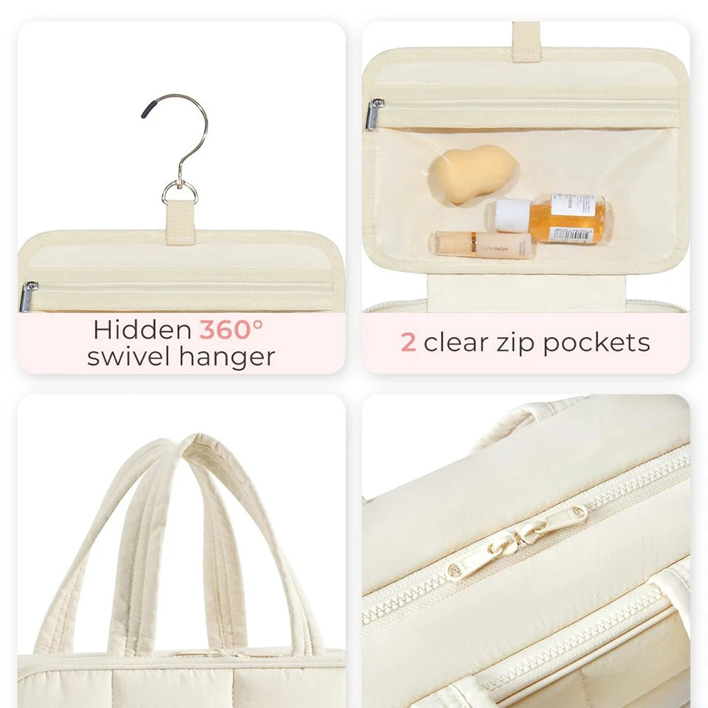 A beige portable hanging toiletry bag featuring a hidden 360 degree swivel hanger and two clear zip pockets.