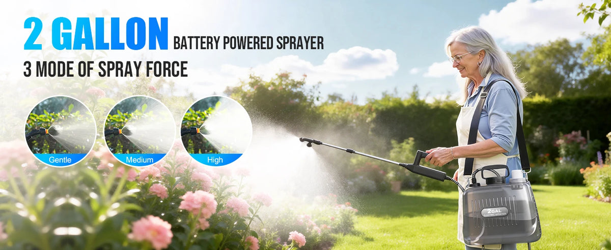 An elderly woman sprays plants outdoors using a 2 gallon battery-powered sprayer with an extendable wand.