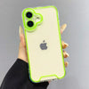 A hand holds a clear glow-in-the-dark neon green phone case for an iPhone with a white background.