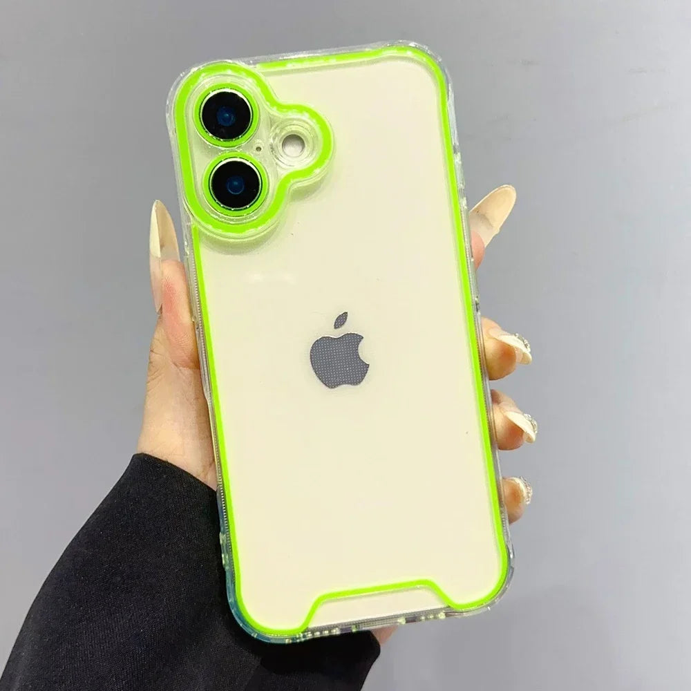 A hand holds a clear glow-in-the-dark neon green phone case for an iPhone with a white background.