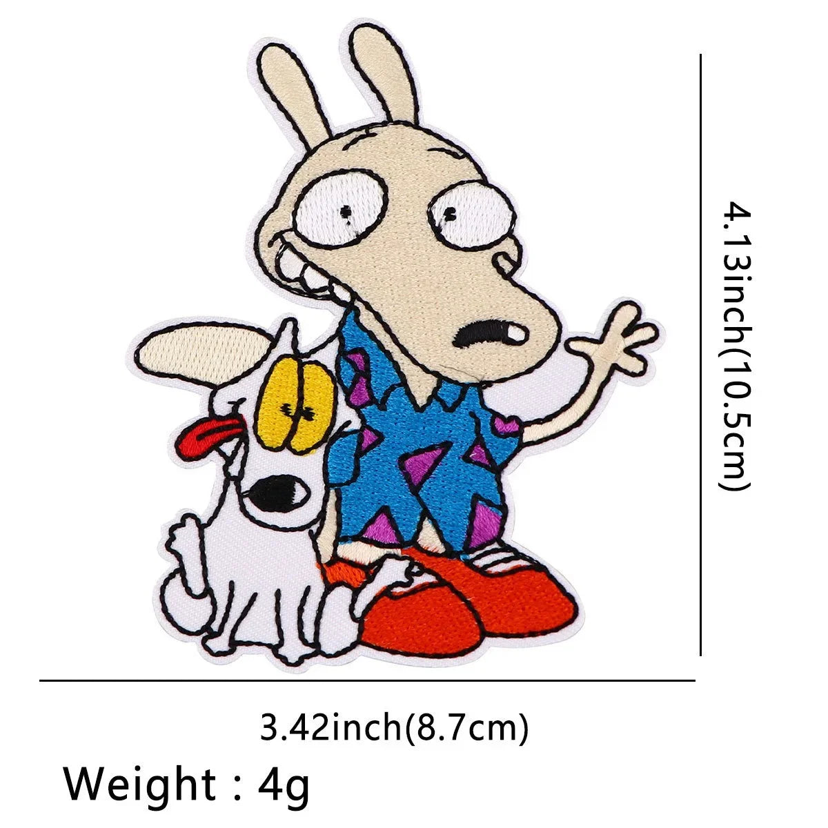 An embroidered patch featuring a cartoon dragon character with a small white dog beside it.
