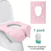 A pink disposable toilet seat cover is shown on a white toilet, with a package of ten pieces nearby.