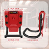 A red heavy-duty belt hammer holder with a secure grip shown next to its disassembled parts and dimensions.