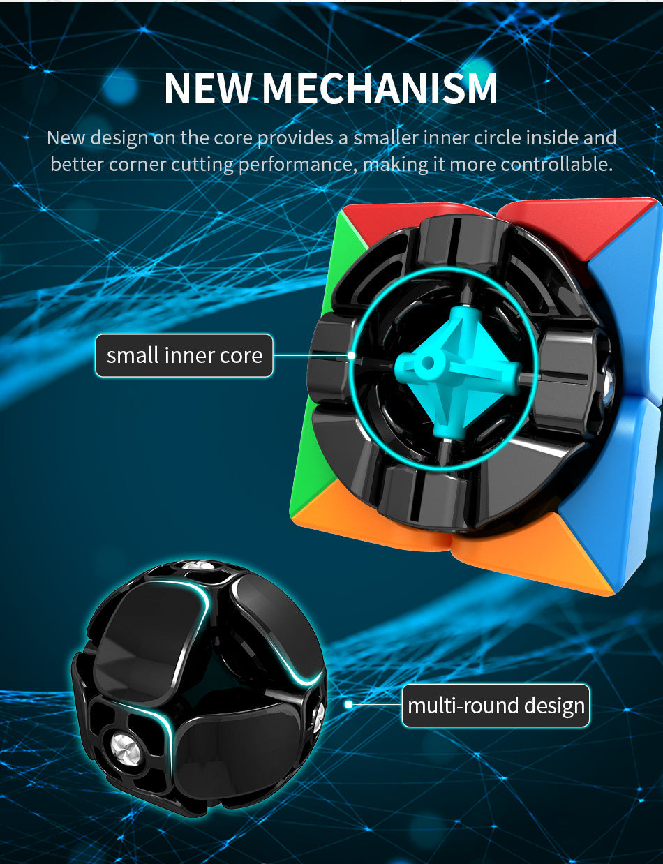 Close-up view of a black multi-round speed cube with a new mechanism design.