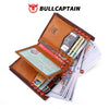 A brown genuine leather men's bifold wallet with RFID protection showing various cash and cards.