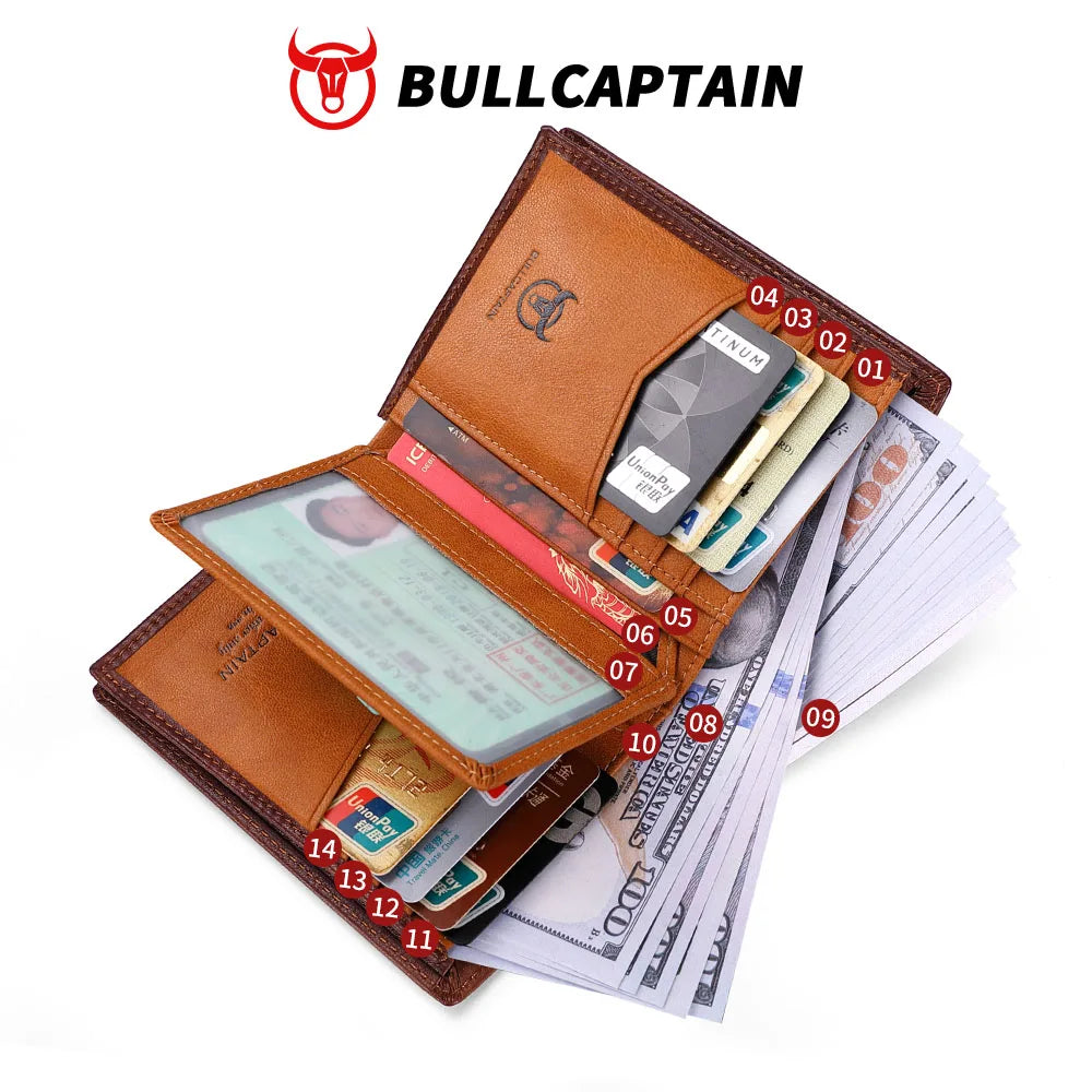 A brown genuine leather men's bifold wallet with RFID protection showing various cash and cards.