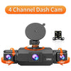 A black 4 channel dash cam device with multiple camera lenses showing various recording angles.