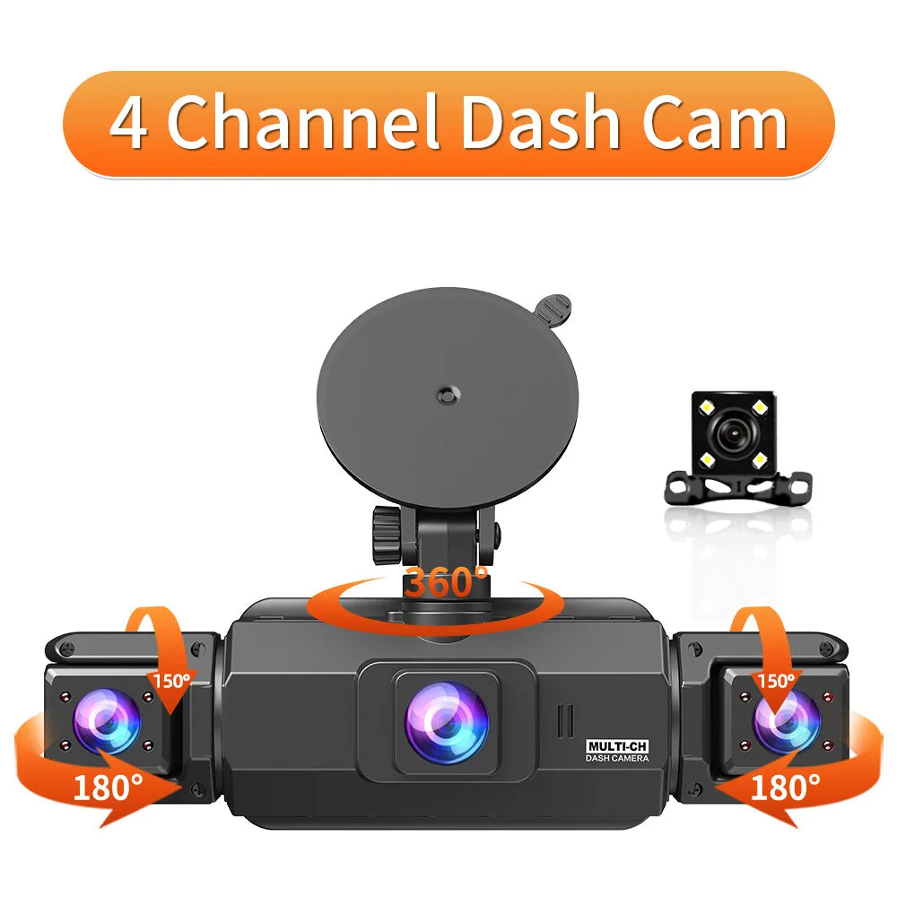 A black 4 channel dash cam device with multiple camera lenses showing various recording angles.