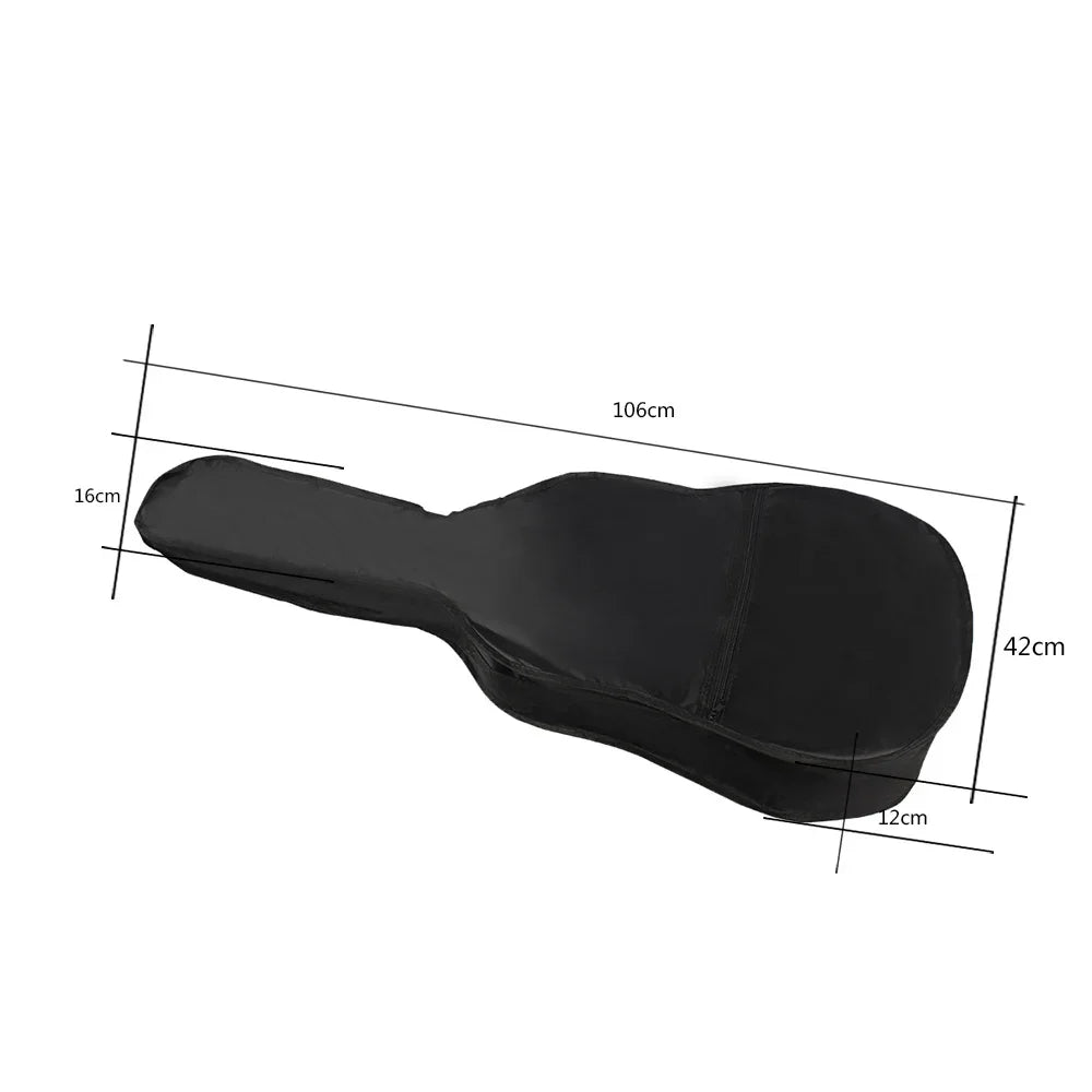 Black classical acoustic guitar soft case with padded shoulder strap shown from the side.