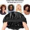 A black silk hair bonnet is shown being worn on a person's head, with examples of various hairstyles and head sizes displayed