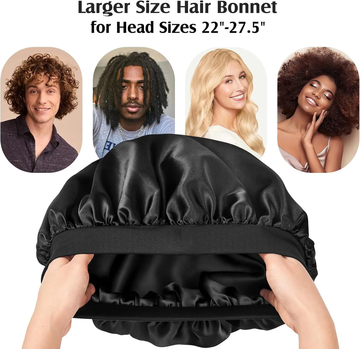 A black silk hair bonnet is shown being worn on a person's head, with examples of various hairstyles and head sizes displayed
