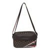 A brown leather crossbody bag featuring a geometric pattern and a shark mouth design with an adjustable strap.