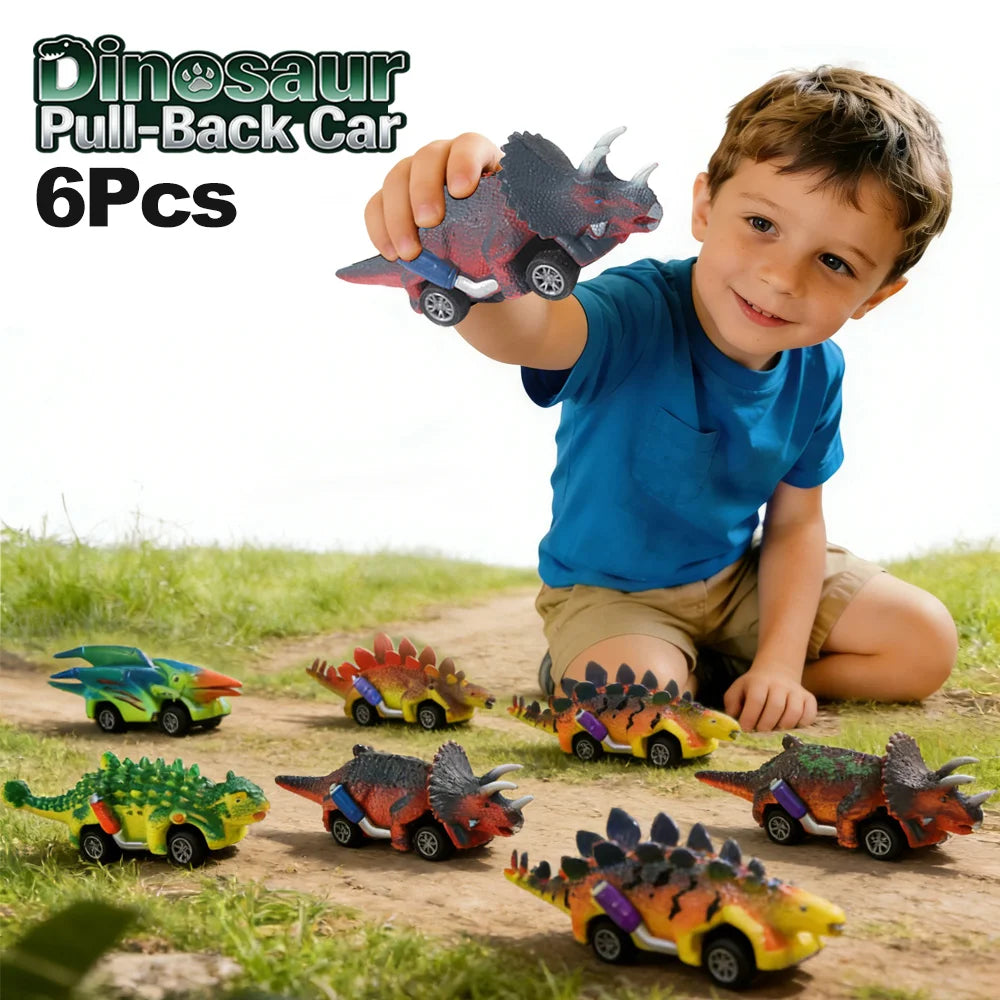A young boy holds a dark green dinosaur pull-back car, with five other dinosaur cars scattered on the ground.