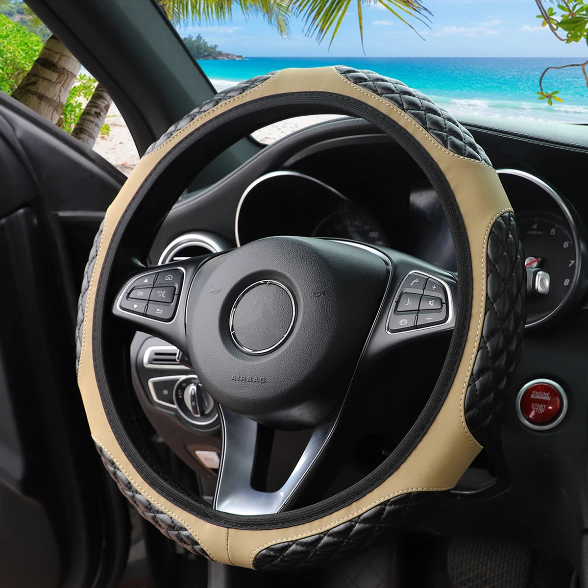 Close-up view of a black steering wheel with a tan faux sheepskin leather cover inside a car interior.