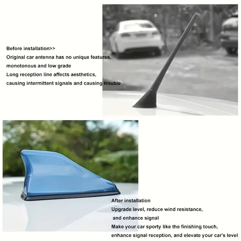 Aerodynamic shark fin car antenna installed on a vehicle, showing an upgraded signal reception.