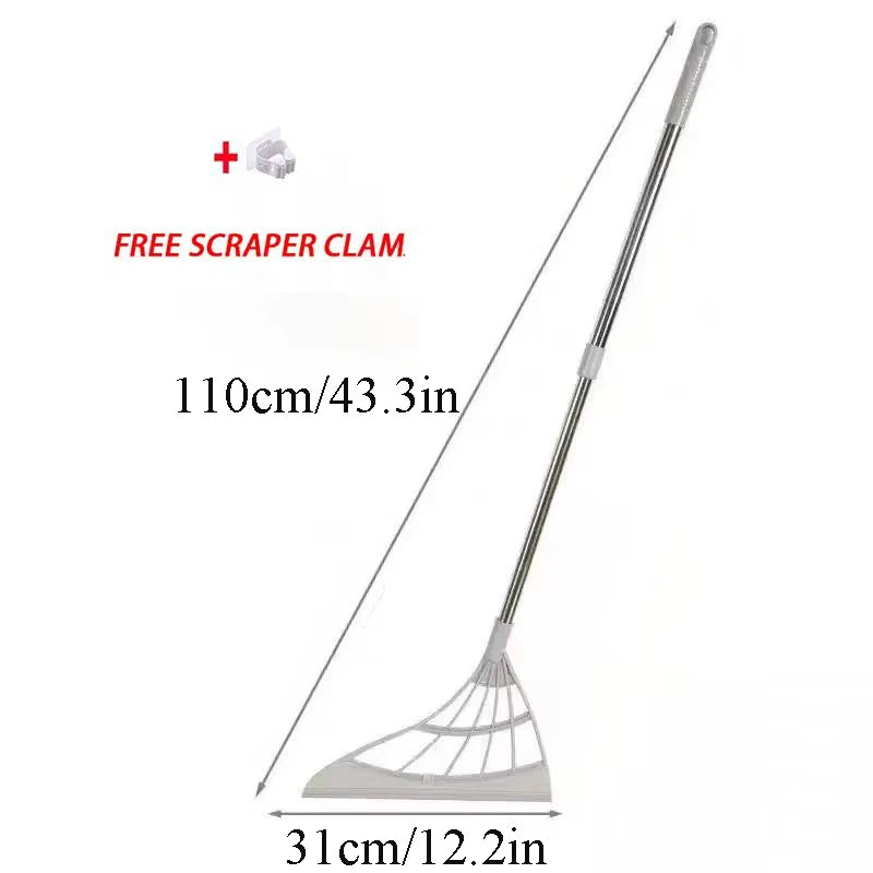 A silicone squeegee broom with a long adjustable handle and a free scraper clamp shown in detail.