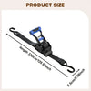 A black retractable ratchet tie-down strap is shown with its dimensions labeled.