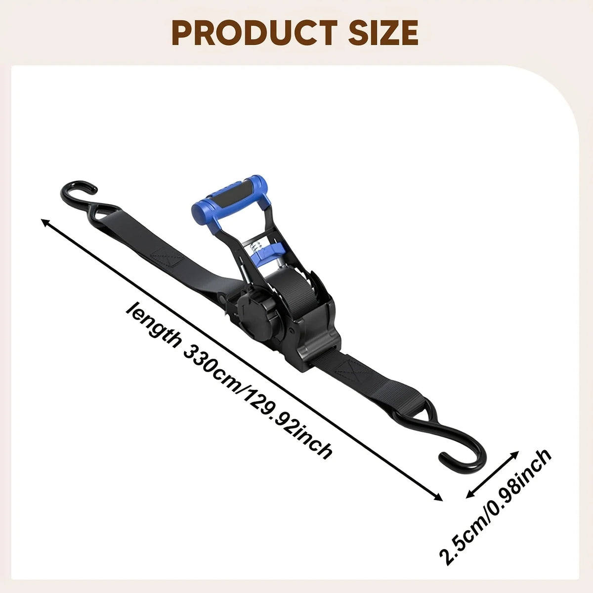 A black retractable ratchet tie-down strap is shown with its dimensions labeled.