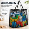 A black mesh tote bag filled with various toys, towels, books, and daily essentials.
