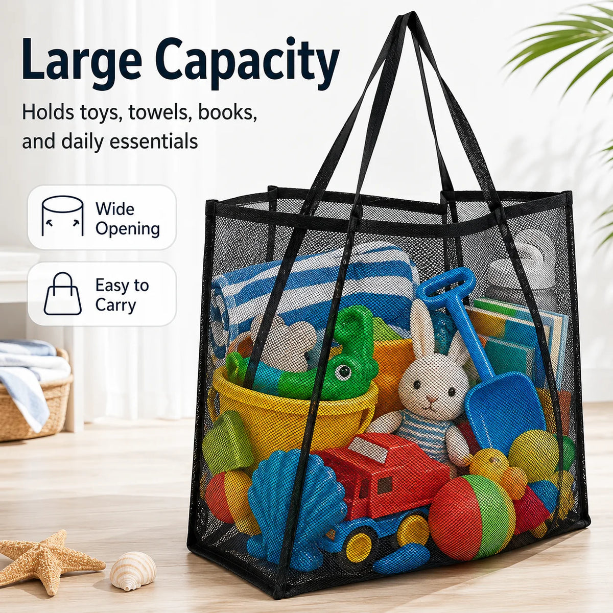 A black mesh tote bag filled with various toys, towels, books, and daily essentials.