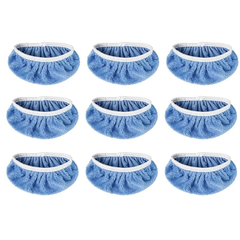 A set of nine blue and white reusable mop pads for sweeper mops, showing various textures and designs.