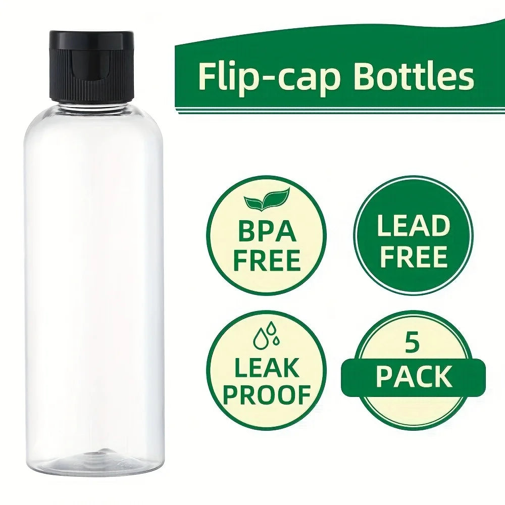 Clear plastic flip-cap bottles for travel and refillable use, featuring BPA free and leak proof designs.