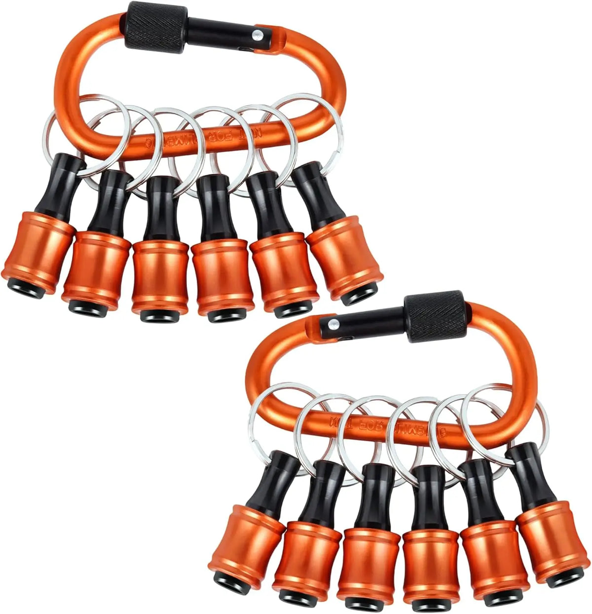 Orange magnetic hex bit holder keychain with quick-release chuck and multiple bits.
