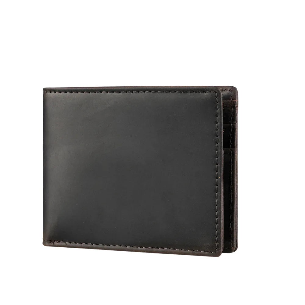 A dark brown men's genuine cowhide leather bifold wallet with a retro finish.