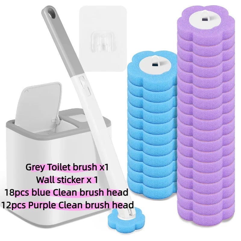 Disposable toilet brush set including a long handle, wall sticker, blue and purple clean brush heads, and a storage holder.
