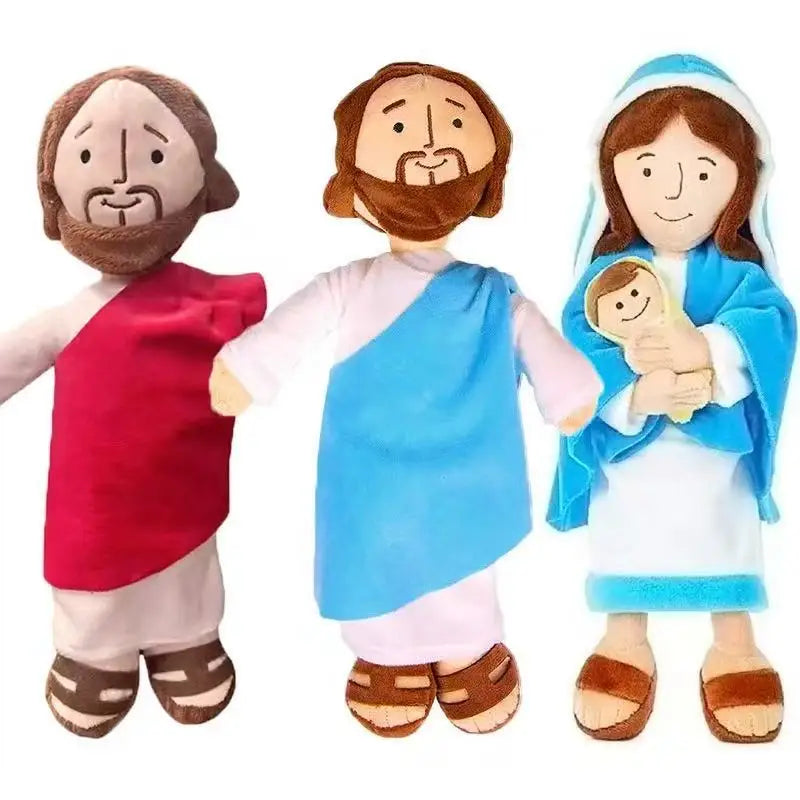 Three plush dolls representing angels with beards and halos in red, blue, and white robes.