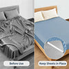 Before and after comparison showing how to keep bed sheets in place using adjustable elastic corner straps