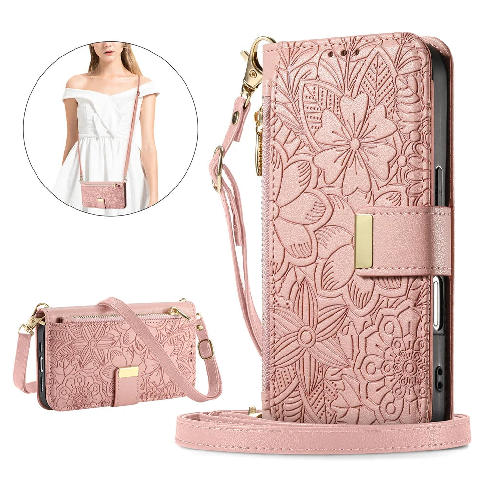 Leather Crossbody Phone Wallet Case with Card Slots & Wrist Strap