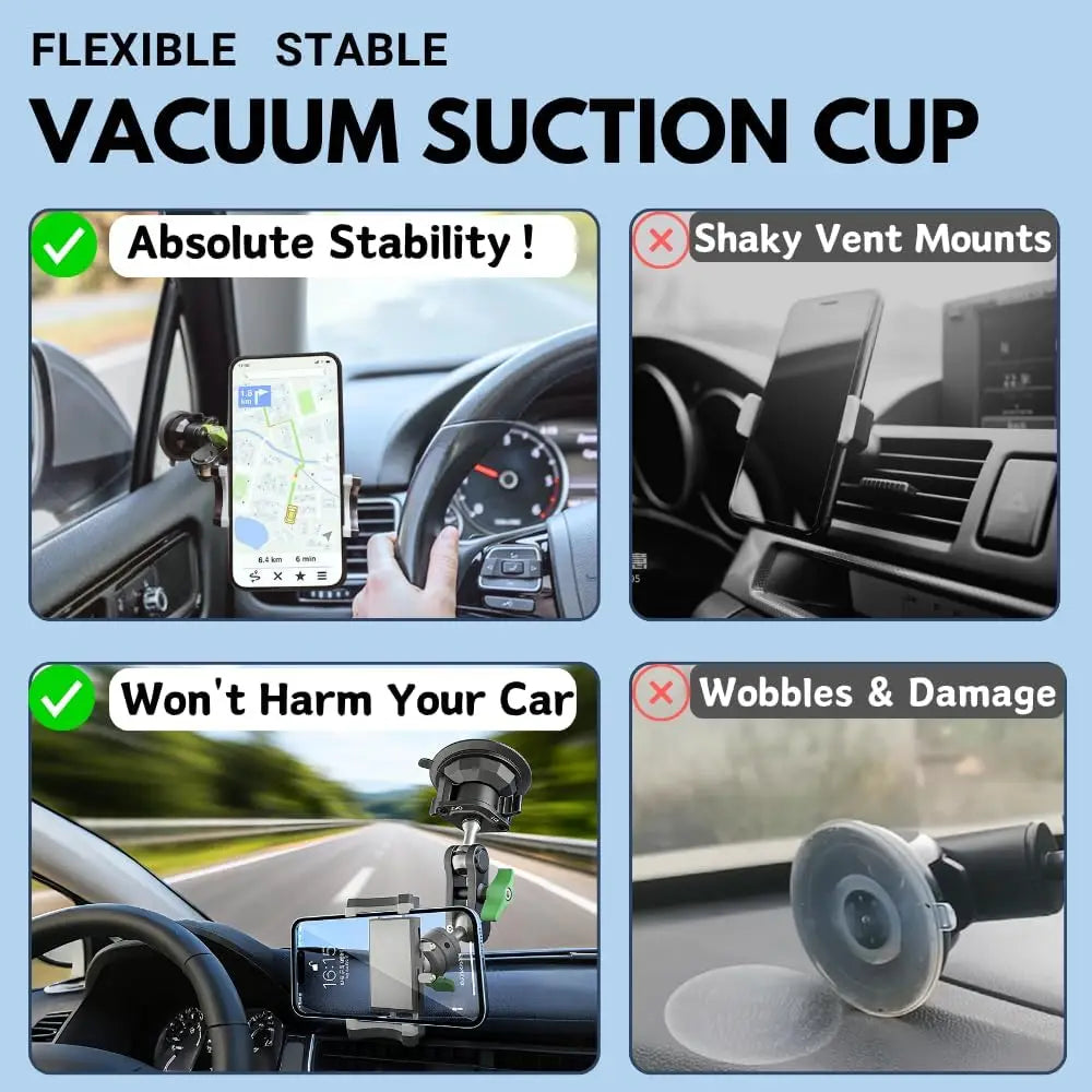 Flexible stable vacuum suction cup phone mount for car windshield and dashboard
