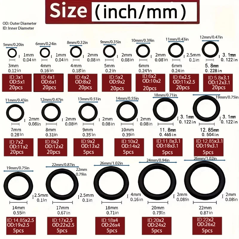 225-Piece O-Ring Assortment Kit for Automotive and Mechanical Repairs