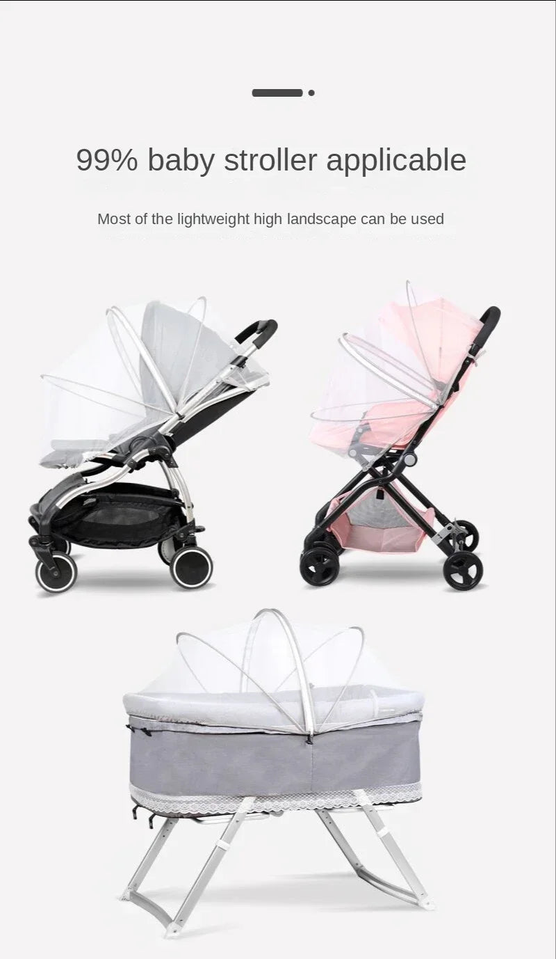 A portable mosquito net cover designed for baby strollers and cribs, shown in various configurations.