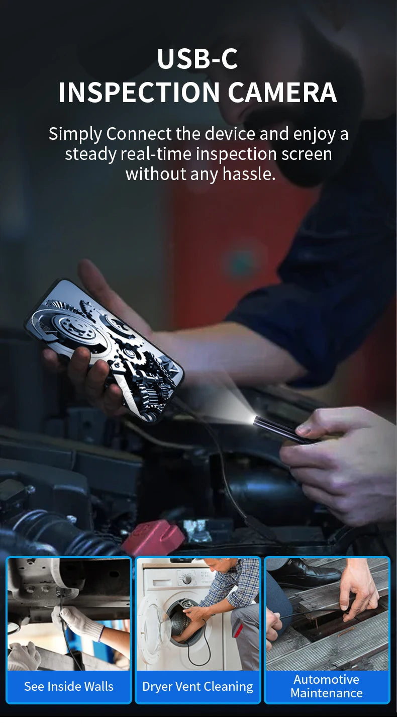 A hand holds a USB-C inspection camera pointed at an engine component during automotive maintenance.