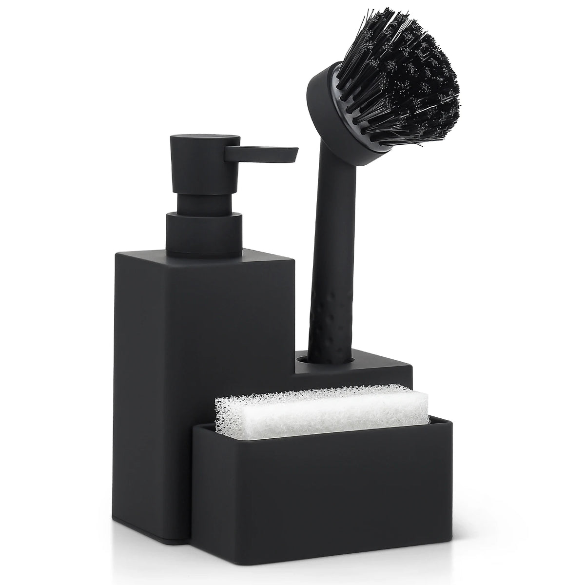 Black 3-in-1 kitchen soap dispenser with a brush and sponge holder.