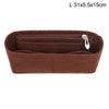 A brown felt bag organizer with a zippered pocket and multiple compartments.