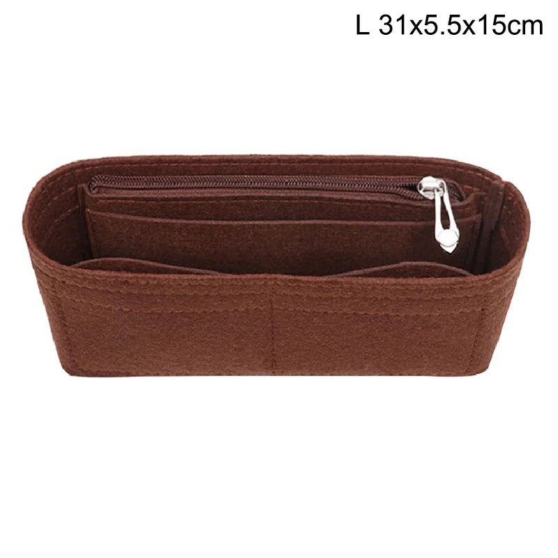 A brown felt bag organizer with a zippered pocket and multiple compartments.