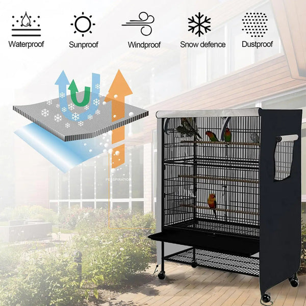 A black bird cage cover with a ventilation window is shown in an outdoor setting, demonstrating waterproof and dustproof feat