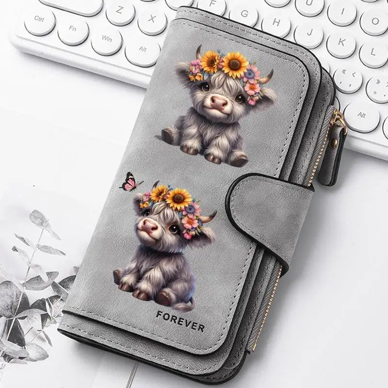 Highland Cow Print Zip-Around Wallet with Card Holder