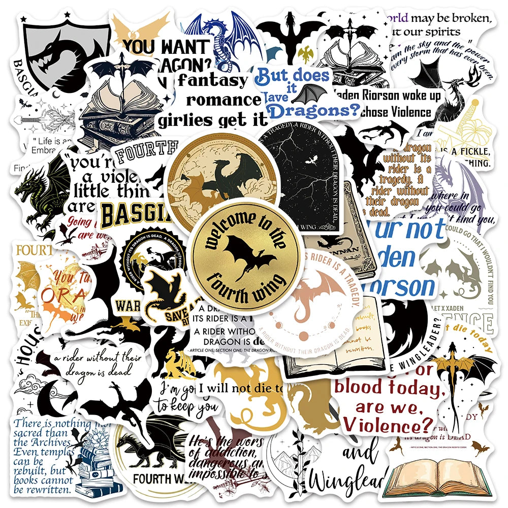 A collection of stickers featuring dark romance themes, dragons, and literary quotes.
