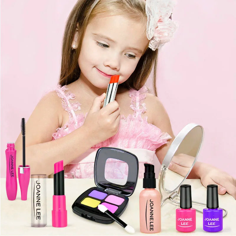 A young girl holds a makeup set featuring various colored lip and face paints, brushes, and a mirror.