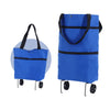 A bright blue foldable rolling shopping bag with black handles and wheels.