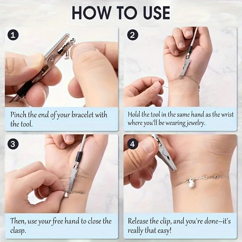 A four-step guide showing how to use a retractable bracelet fastening tool to close a clasp.