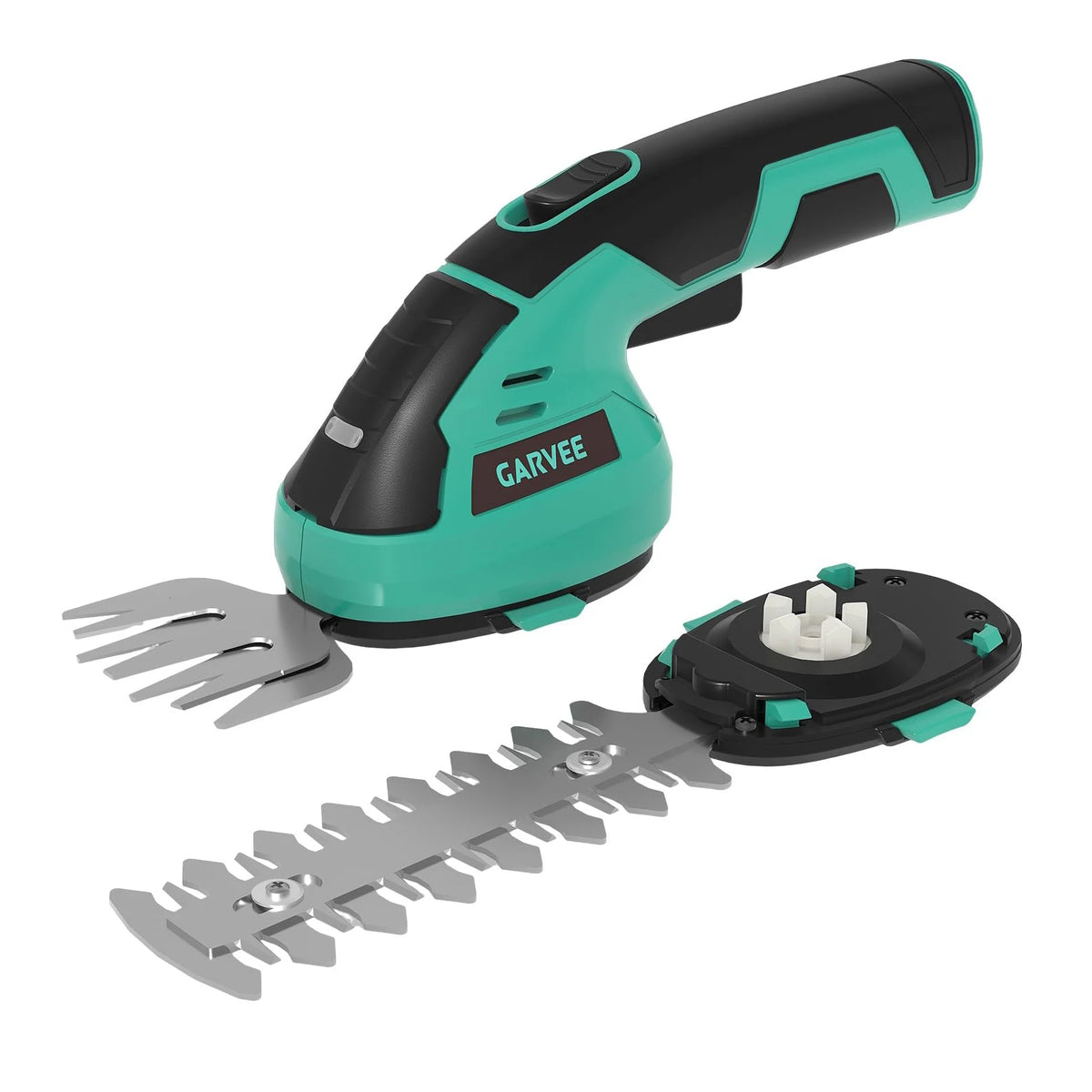 A green and black Garvee 2-in-1 rechargeable cordless grass shear and shrub trimmer tool.