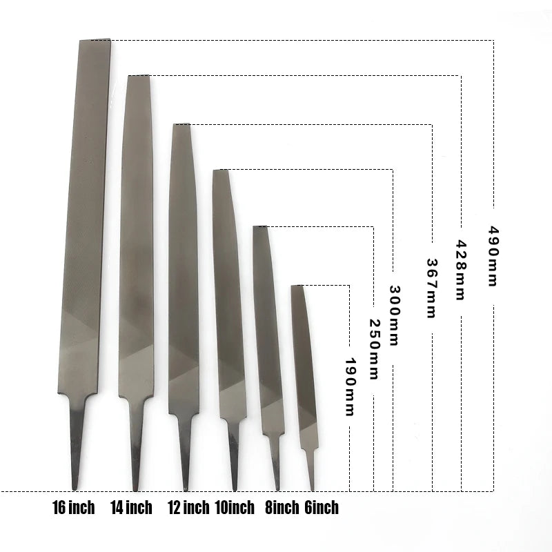 A set of flat files in various sizes from 6 to 16 inches, showing their lengths and tips.