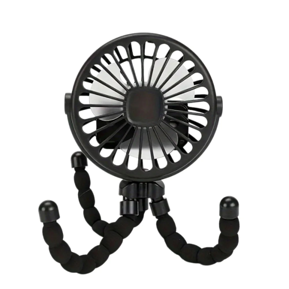 A black flexible octopus USB fan mounted on a tripod stand.