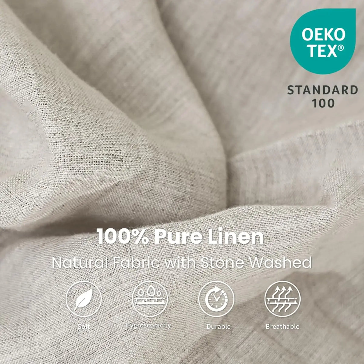 Close-up of natural linen fabric showing texture and stone washing details.