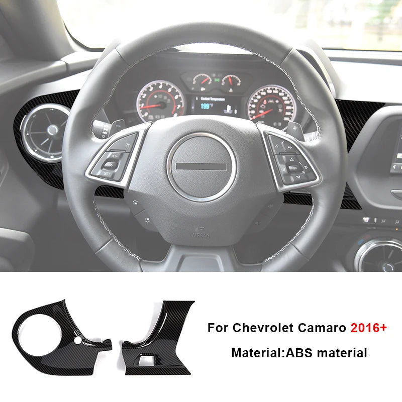 Carbon fiber interior trim kit for Chevrolet Camaro 2016+ featuring steering wheel accents and gauges